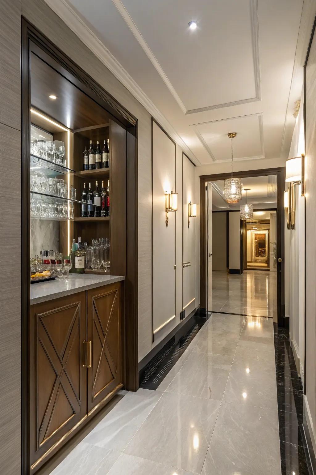 Integrate a hidden bar or bookshelf to add an unexpected twist to your hallway.