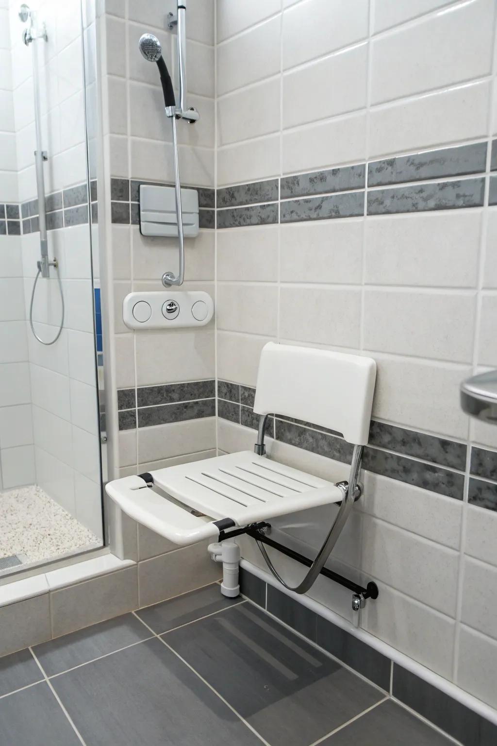A collapsible perch provides adaptable seating options in the shower.