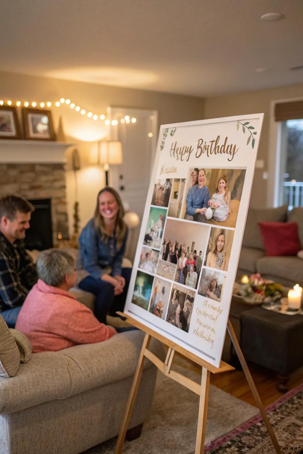Photo montages displayed on birthday posters celebrate beloved memories.