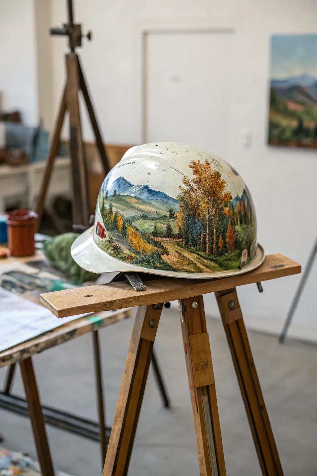 A safety helmet transformed into a surface for artistic expression.