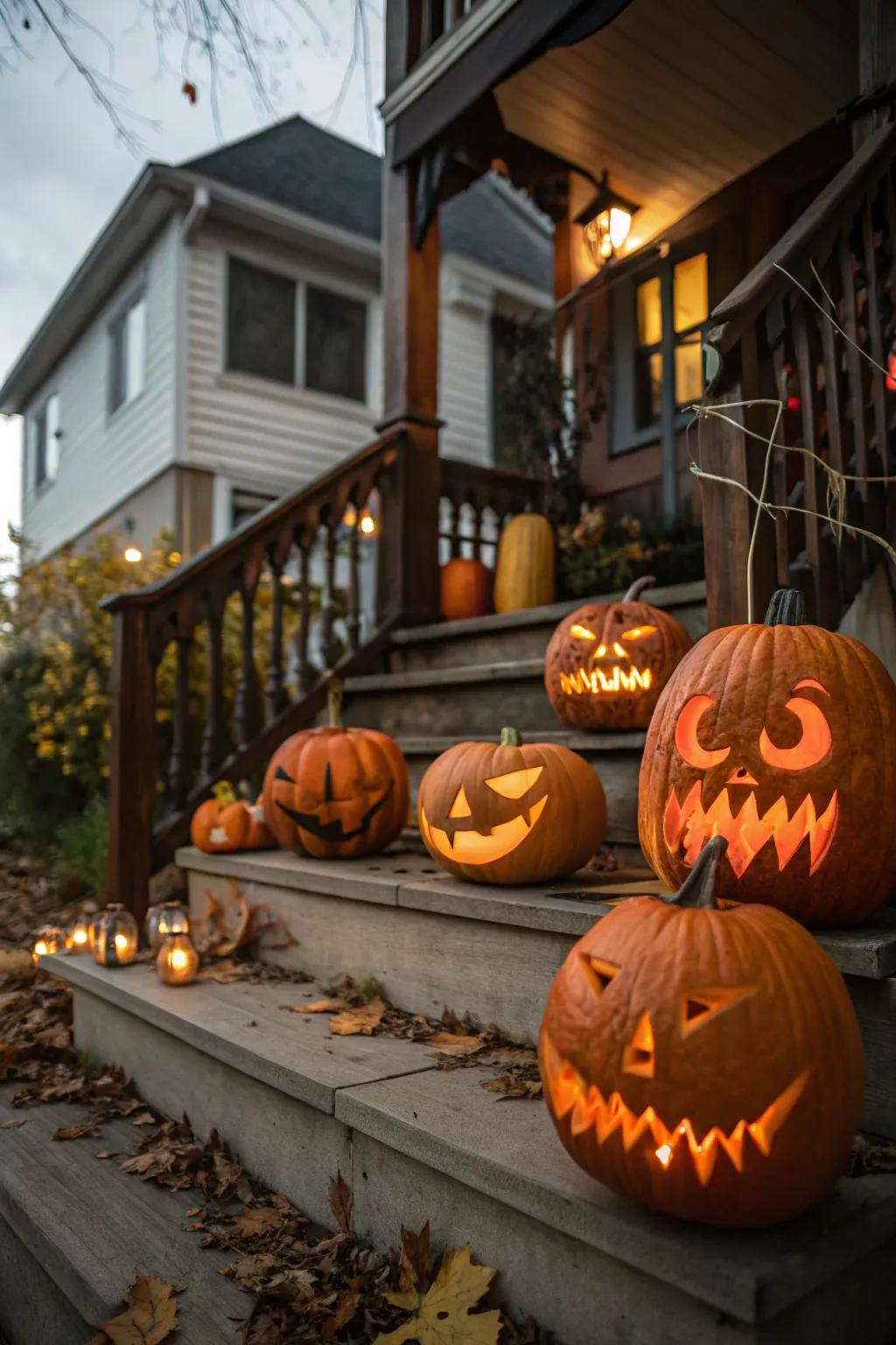 Cultivate a welcoming yet eerie entryway via a visage-adorned gourd presentation.