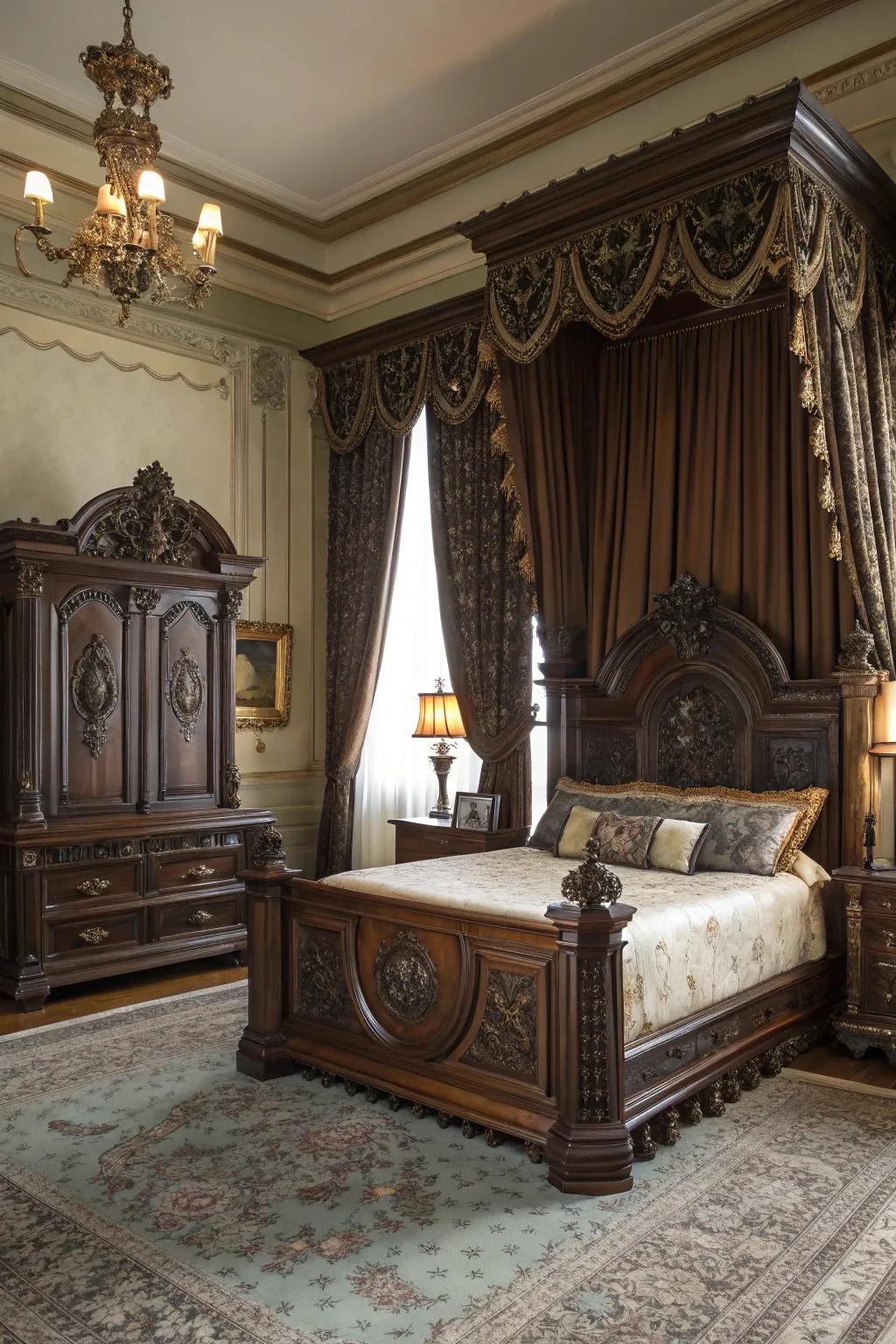 Elaborate furnishings impart grandeur and enigma.