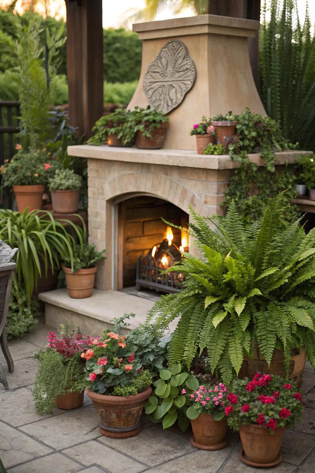 Plants infuse your fireplace decor with a sense of vitality.