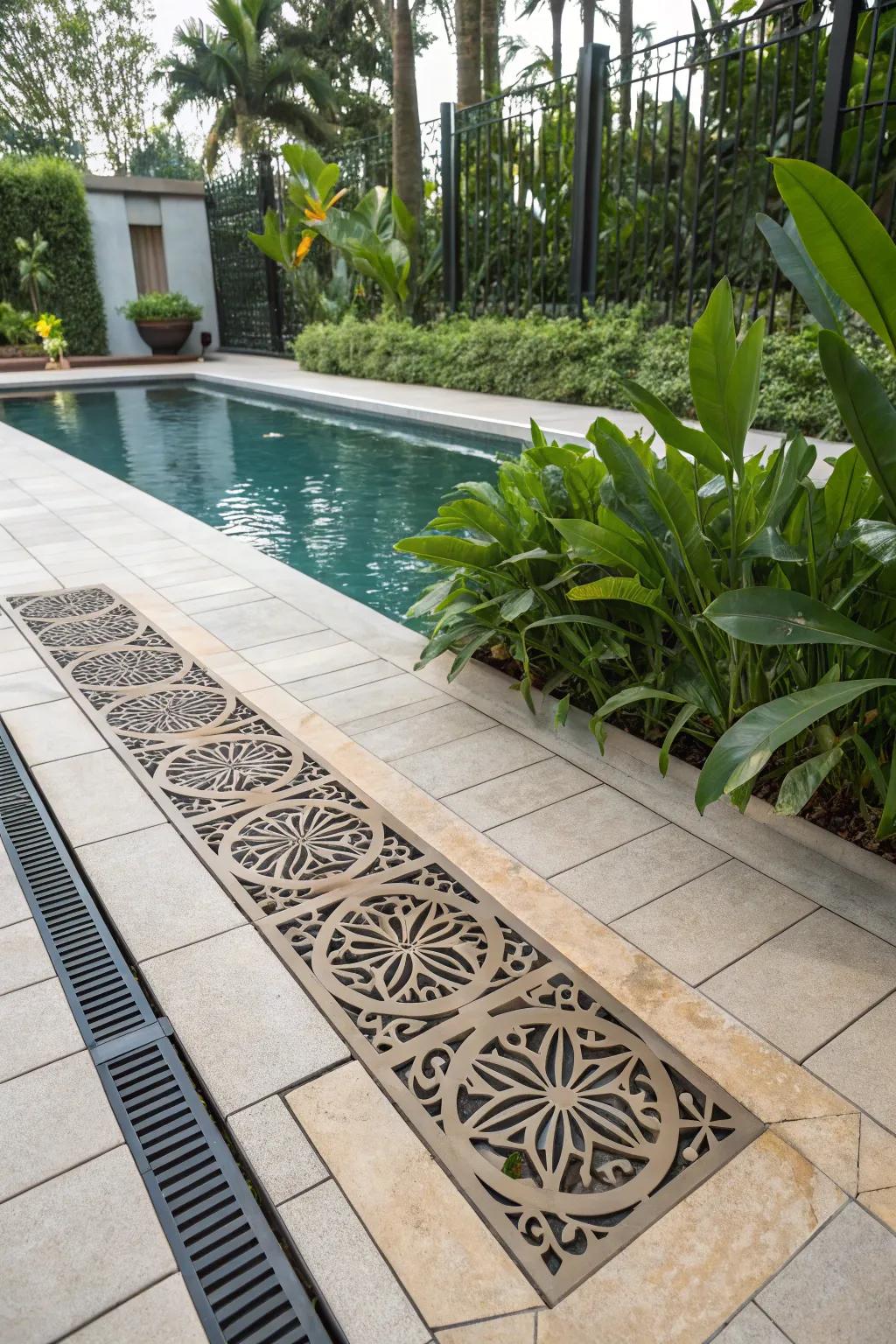 Artistic ornamental grates add an unexpected design touch to the deck.
