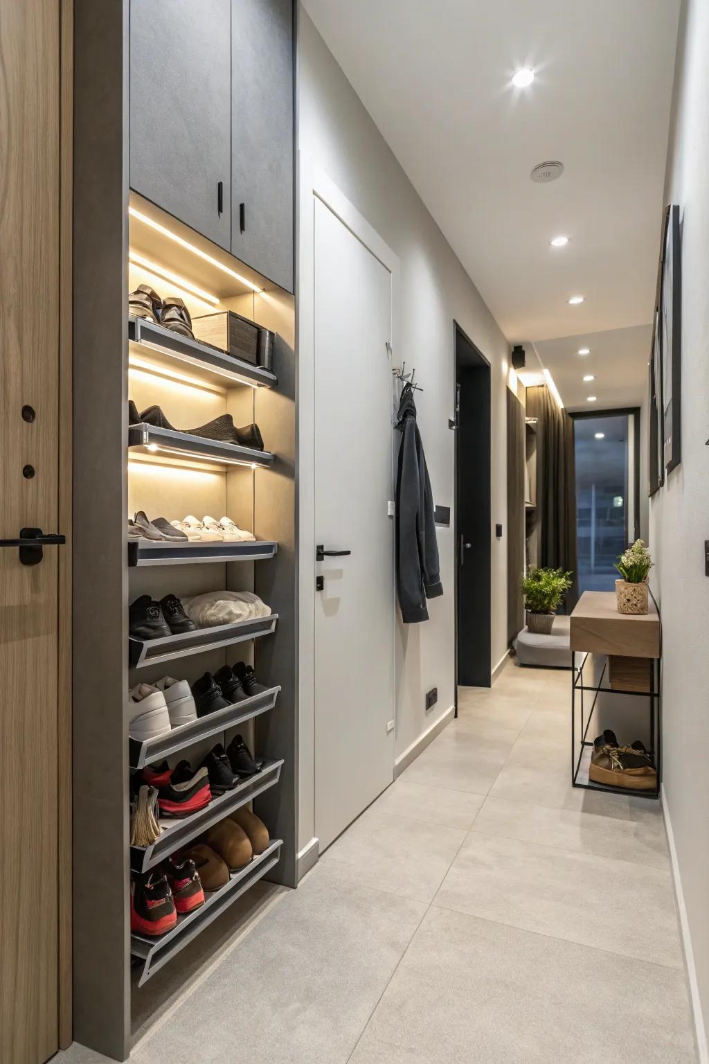 Maximize space using wall-affixed shoe storage options.