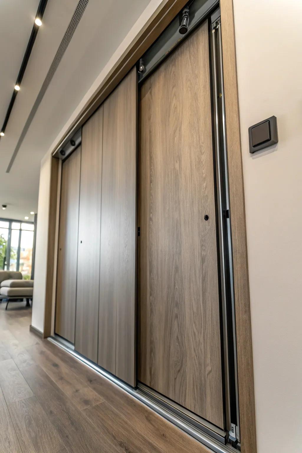 Innovative track mechanisms maintain the sleek and modern look of sliding doors.