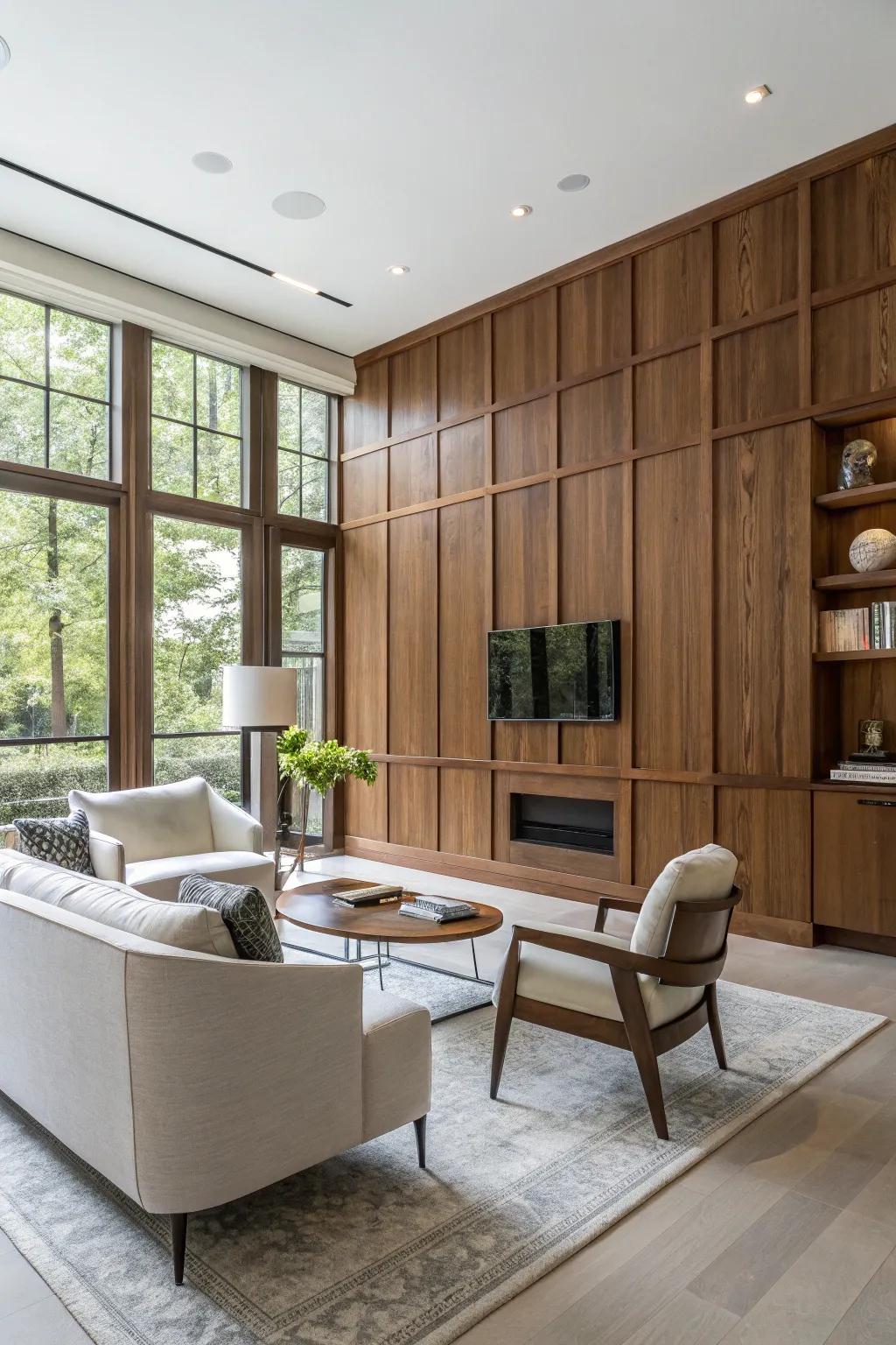 Creative decorative wood paneling concealing a furnace and water heater.