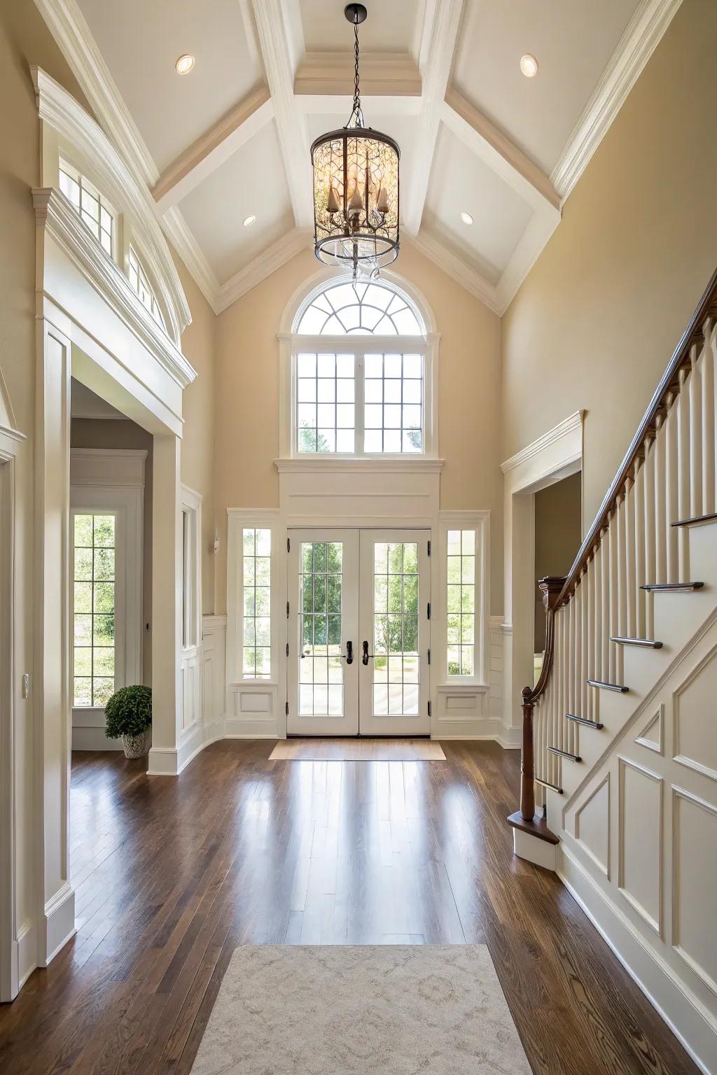 Neutral hues enhance the luminous and airy ambiance of this entryway.