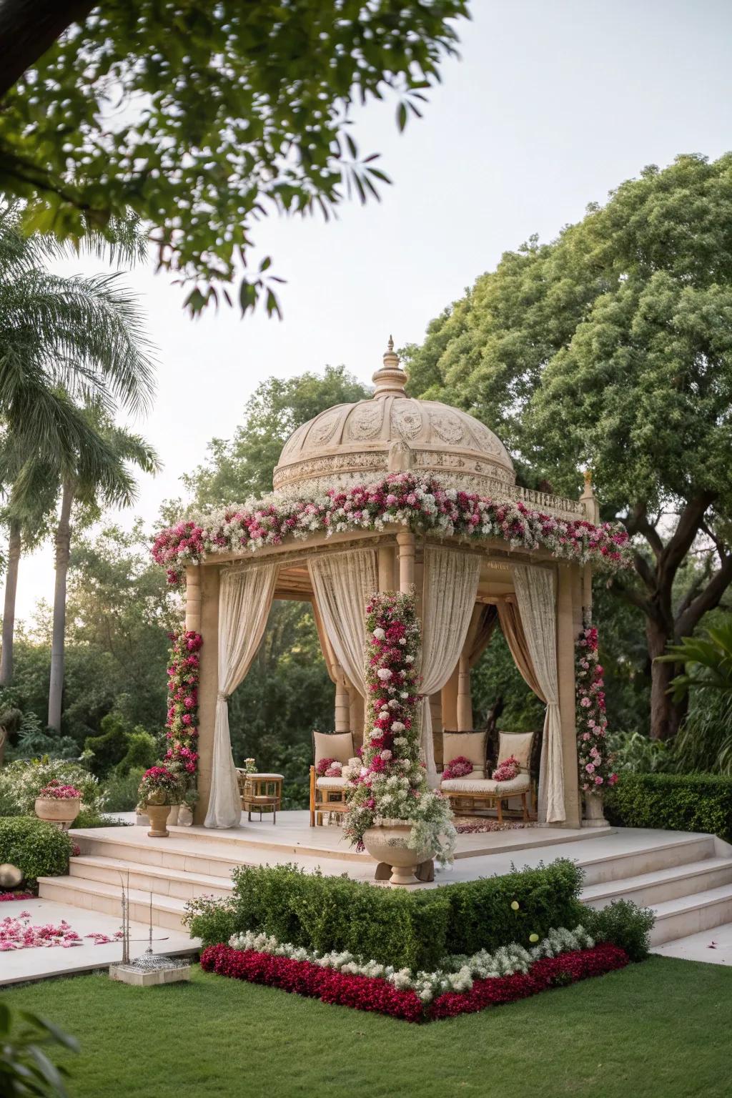 A peaceful botanical backing design framing the mandap beautifully.