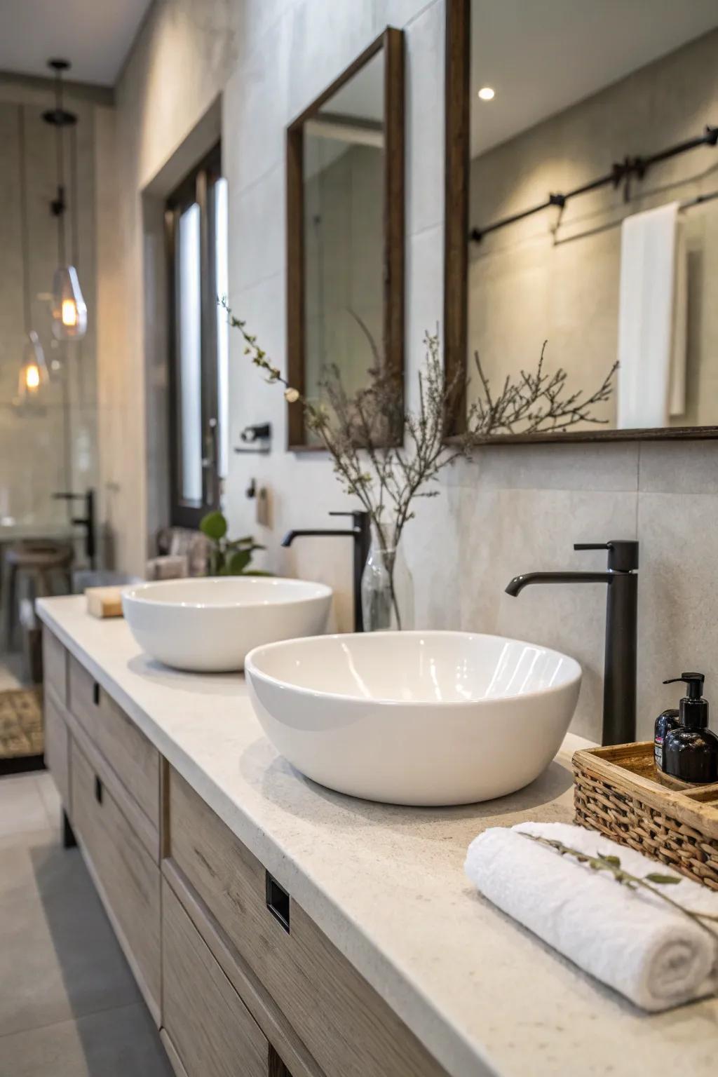 A minimalist bathroom displaying sleek design and simplicity.