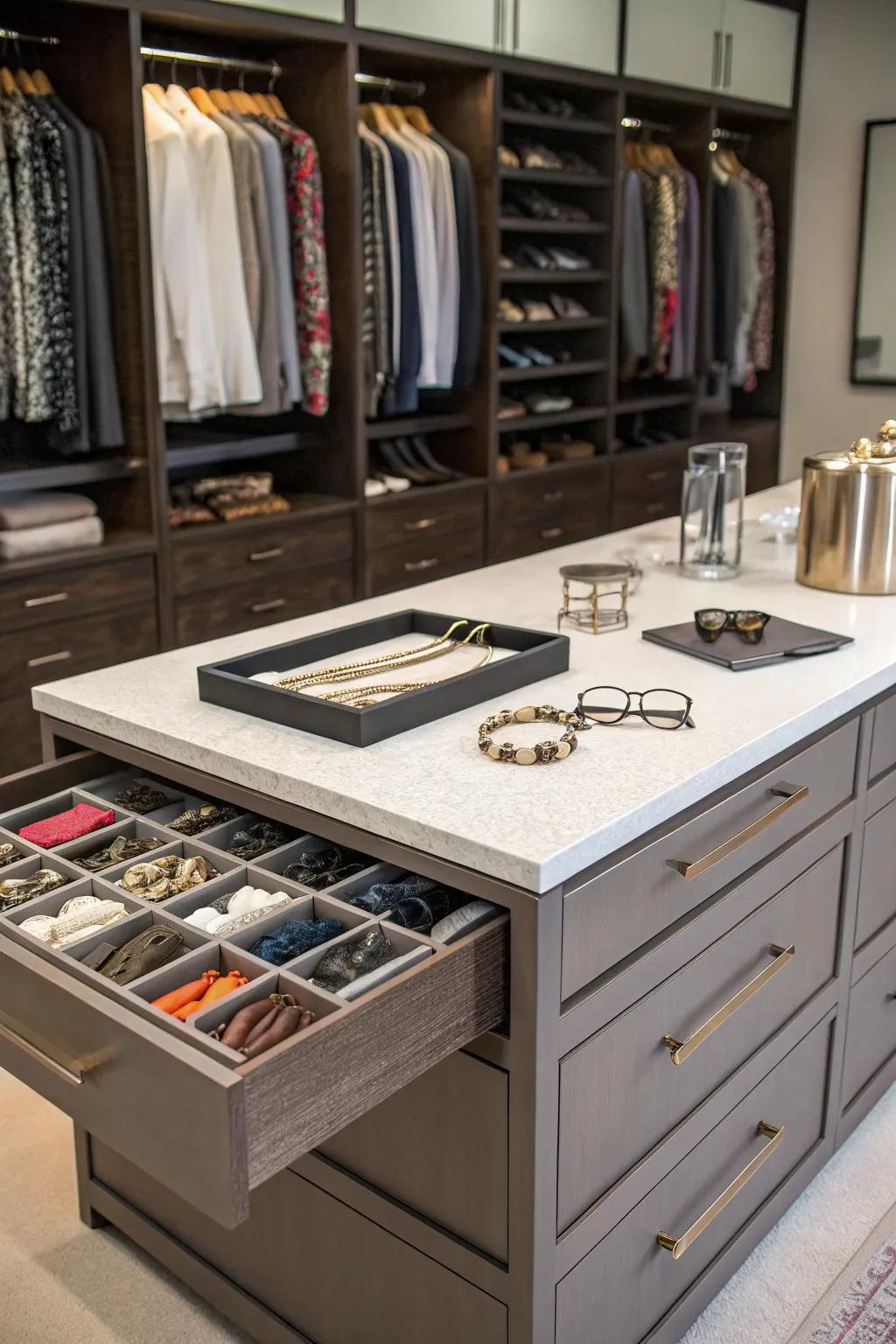 A central island incorporates both functionality and panache in a shared closet.