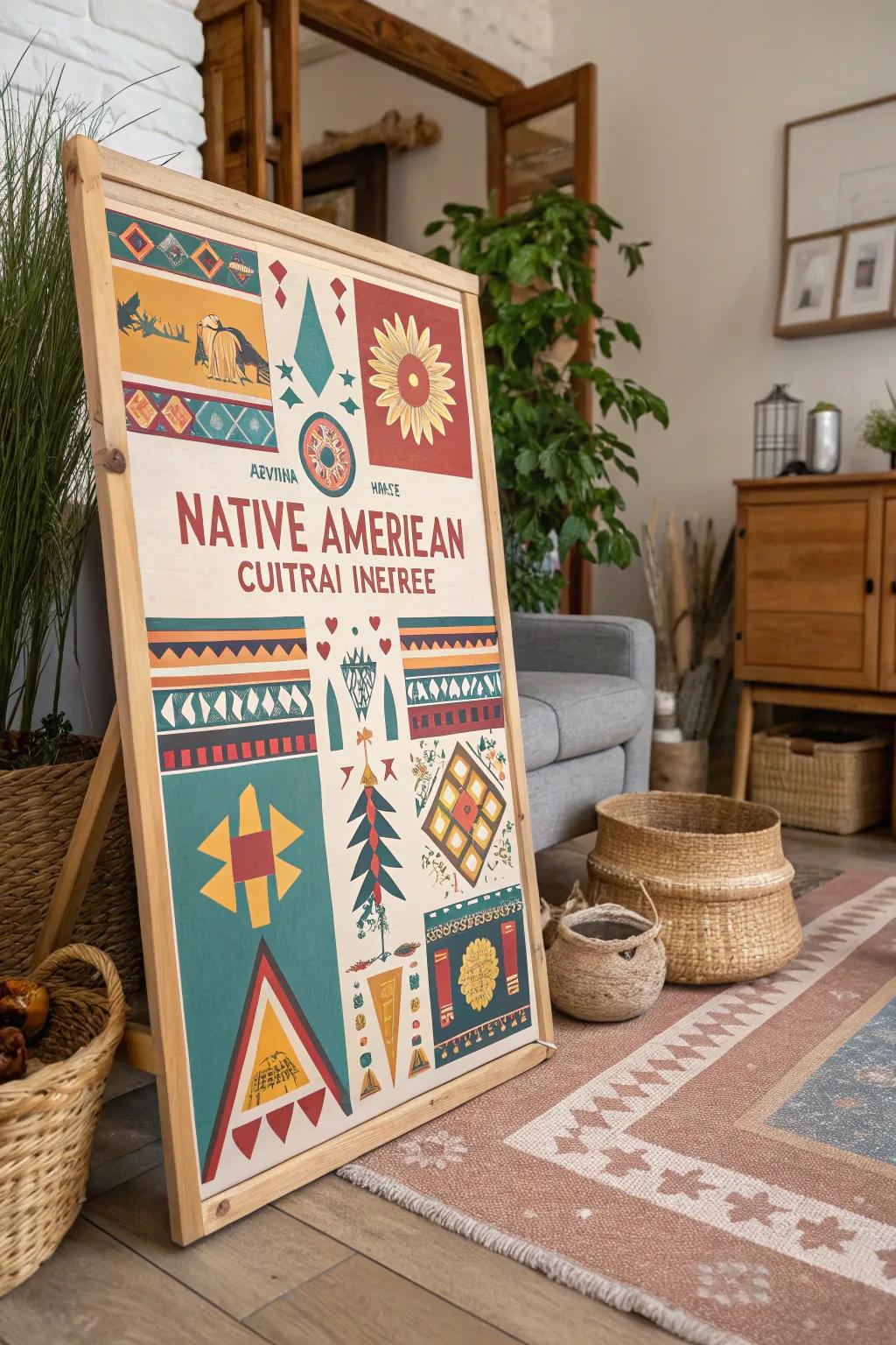 A cultural legacy display that incorporates vibrant history into a rustic living area.