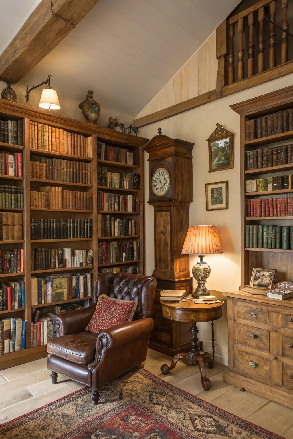 Vintage finds give character to modern libraries.