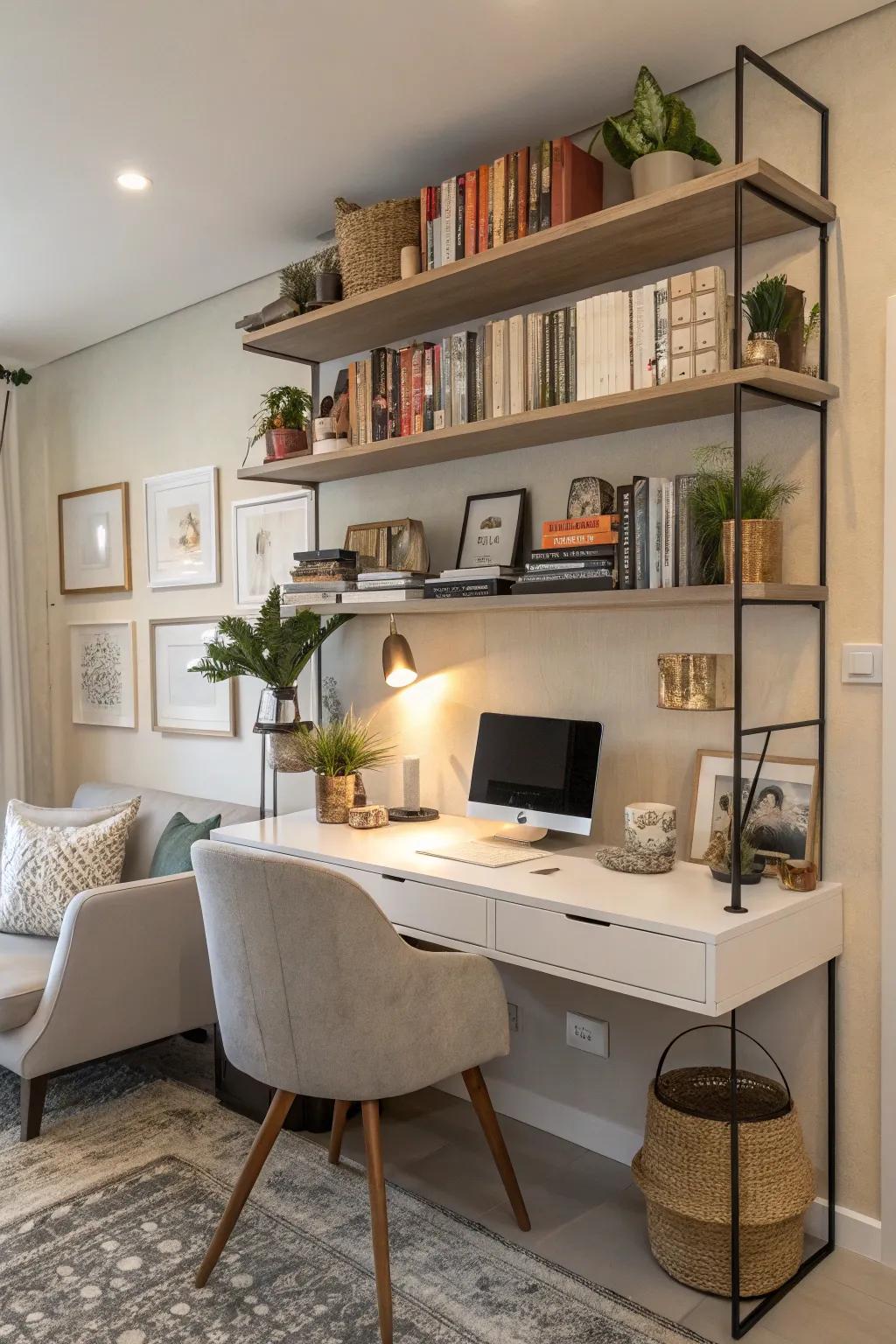 Streamlined shelves offer both storage and display capacity in this home office.