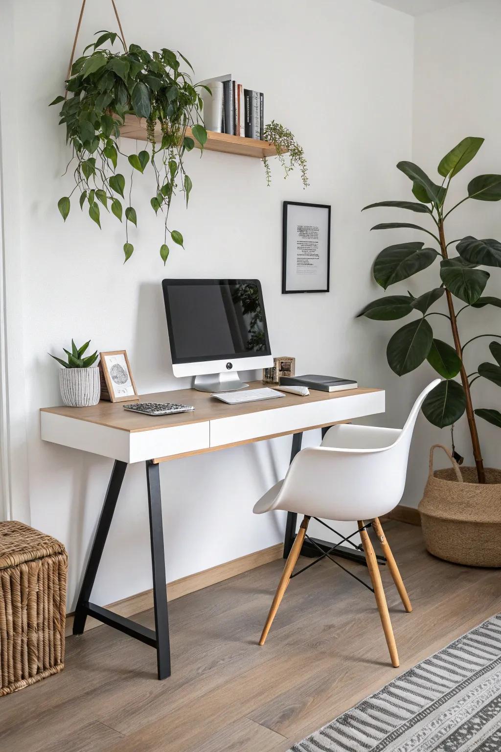 A wall-mounted desk contributes refinement and openness to a home office.