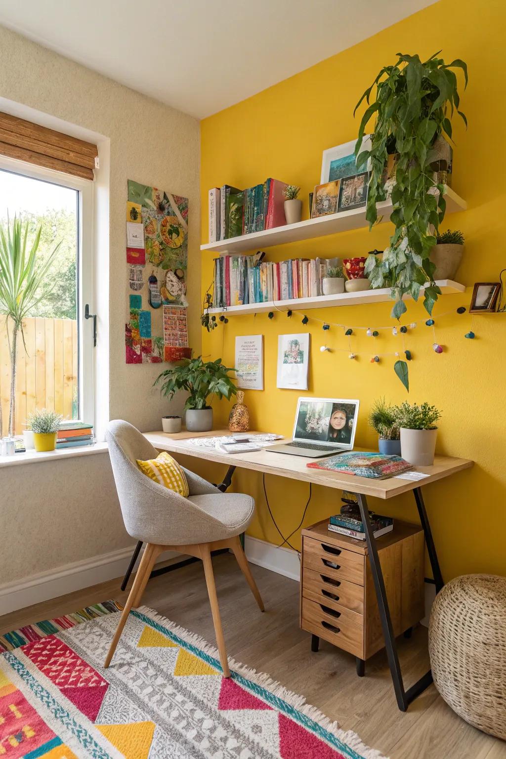 A burst of yellow energizes this creative home office.