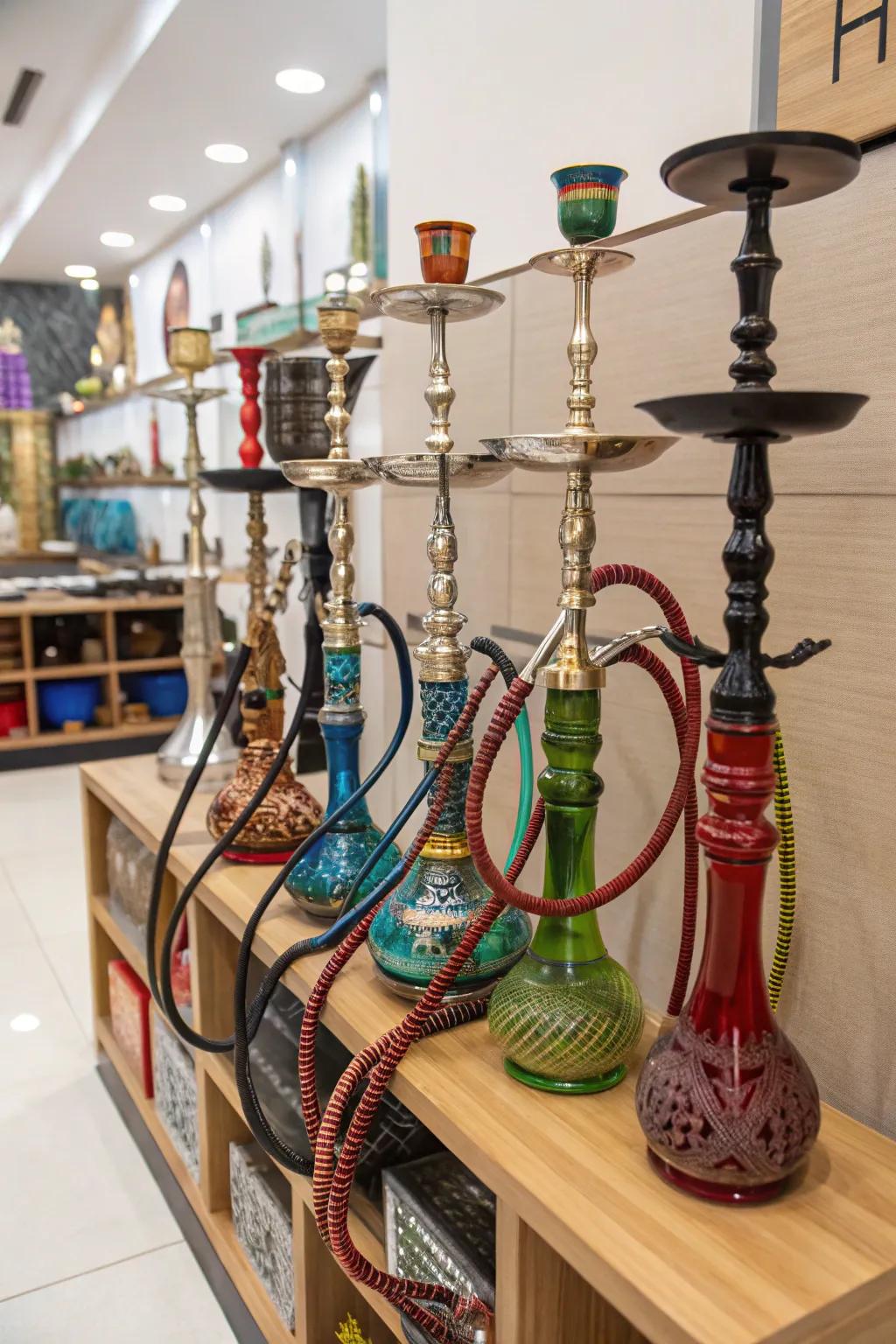 A display shelf brings an element of organization and beauty to shisha storage.