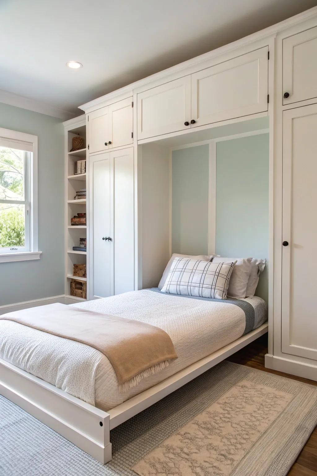 A minimalist sleeping space featuring a sleek hideaway bed, excellent for modern lifestyles.