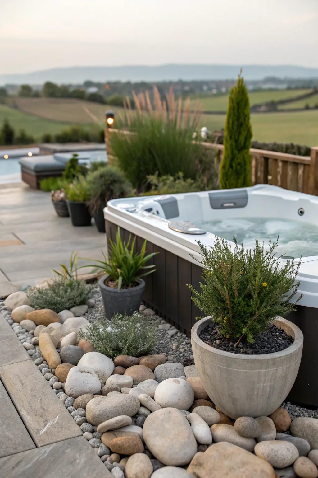 Charming rocks and planters enhance the hot tub's ambiance.