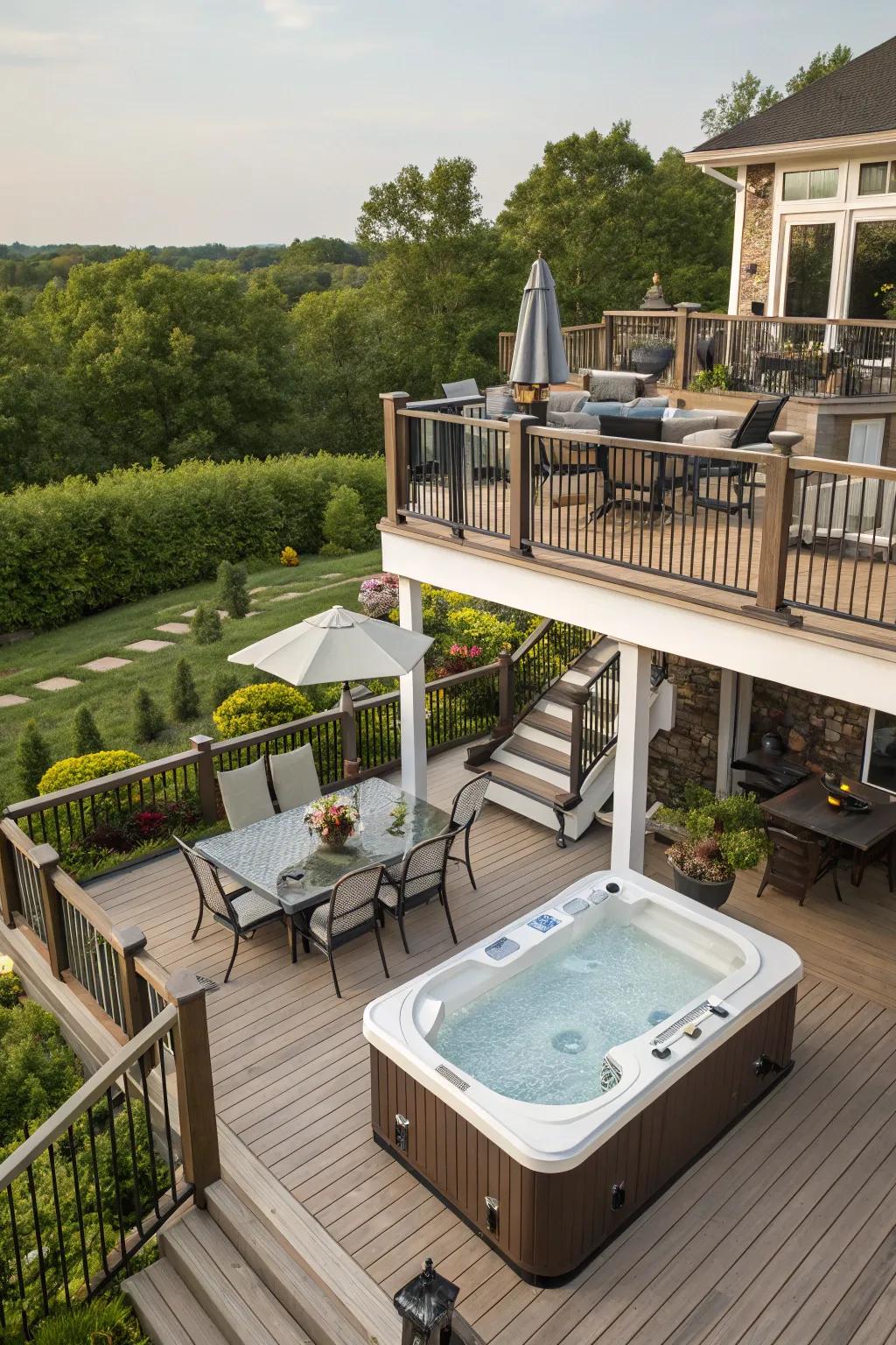 Layered decks provide flexible locations for various activities.