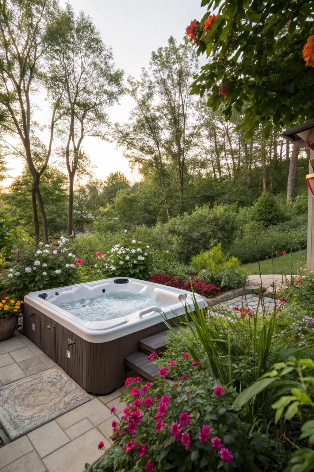 Engage yourself in nature with a wonderfully landscaped hot tub setting.