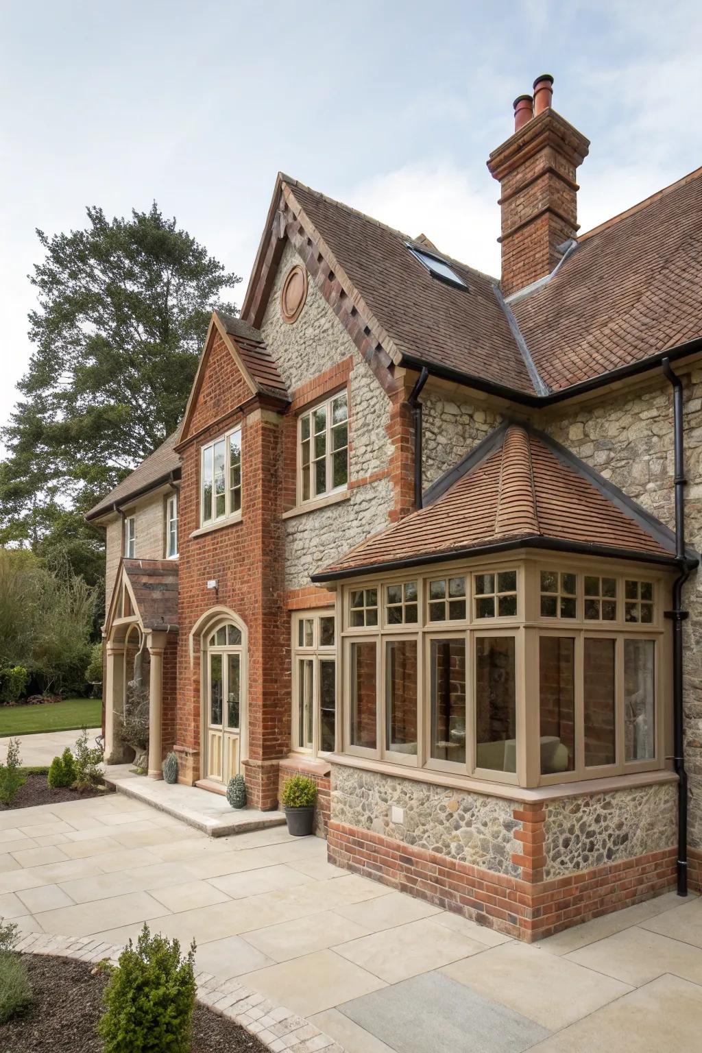 A brick and stone expansion blending harmoniously with the pre-existing structure.