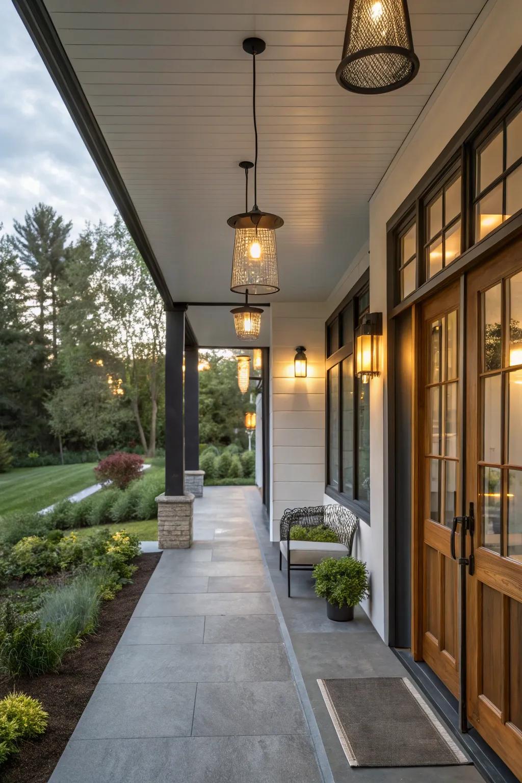 Soft lighting establishes a welcoming atmosphere on this modern porch.