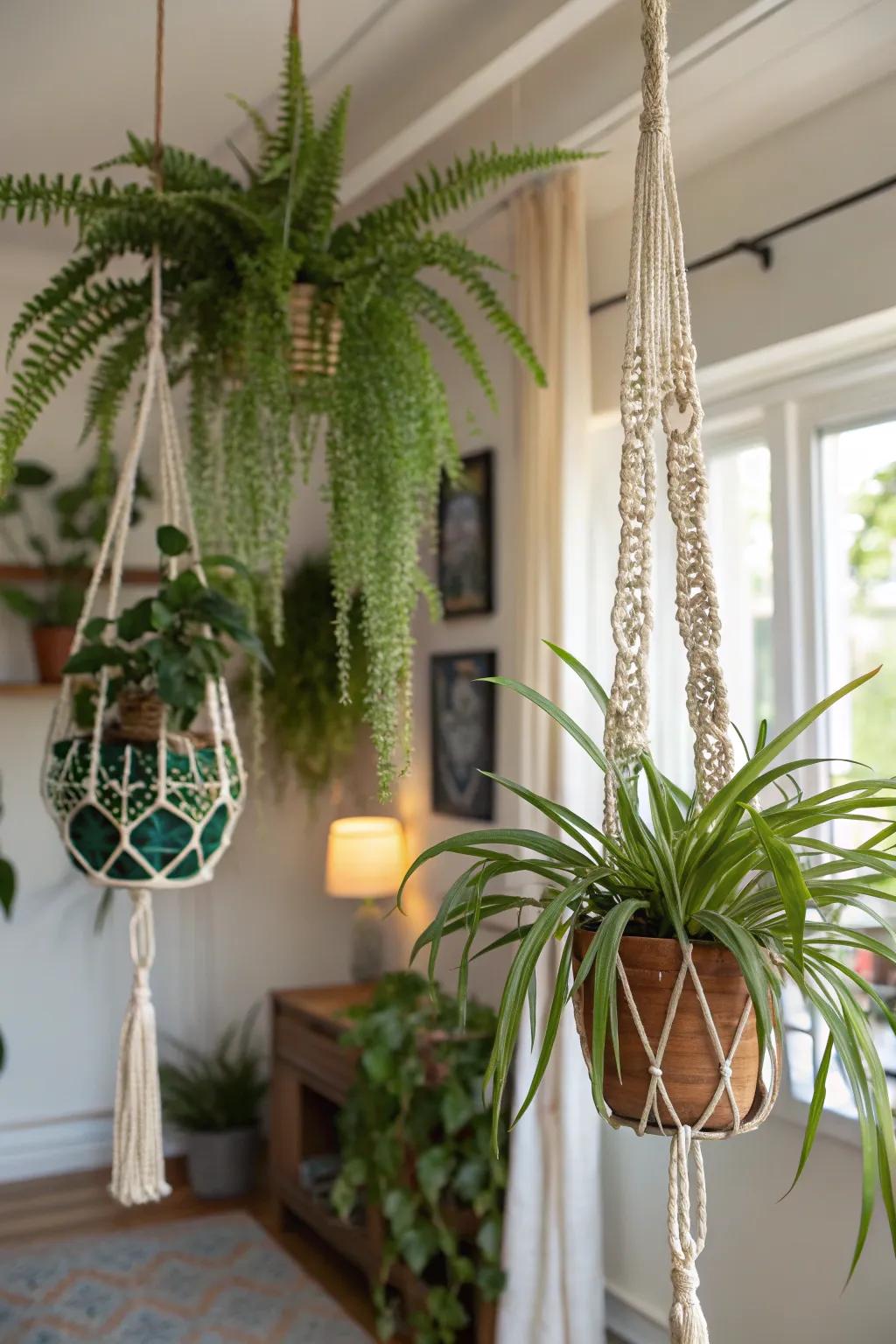 Suspended plants infuse a bohemian vibe into any space.