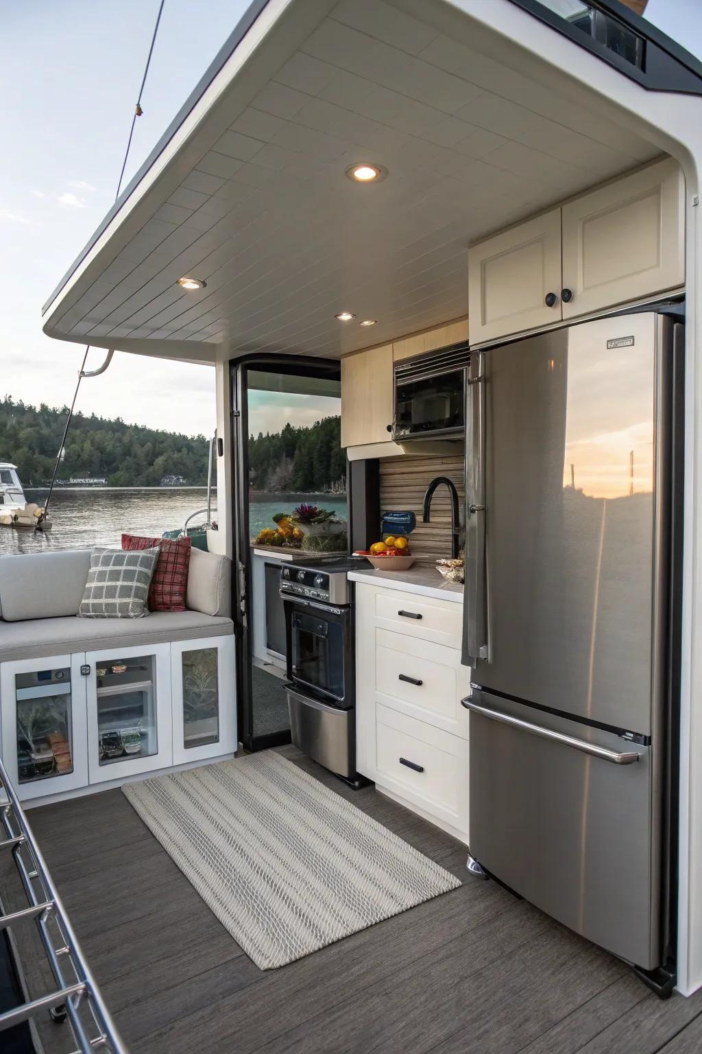 A compact but fully functional kitchen tailored for a houseboat.