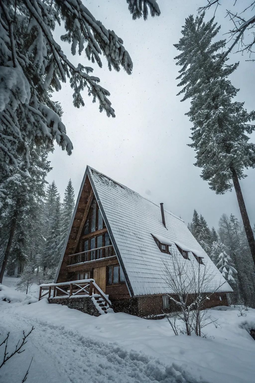 An iconic A-frame cabin peacefully integrated into its woodland environment.