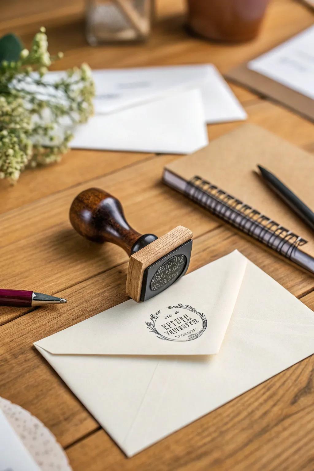 A personalized address stamp, ideal for home correspondence.