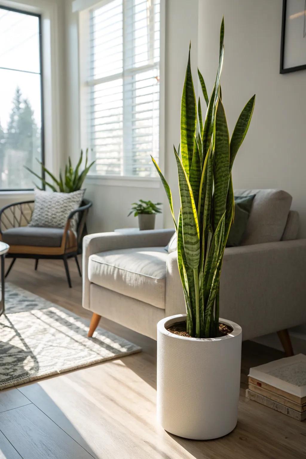 A stunning Snake Plant enhancing the room with height and drama.