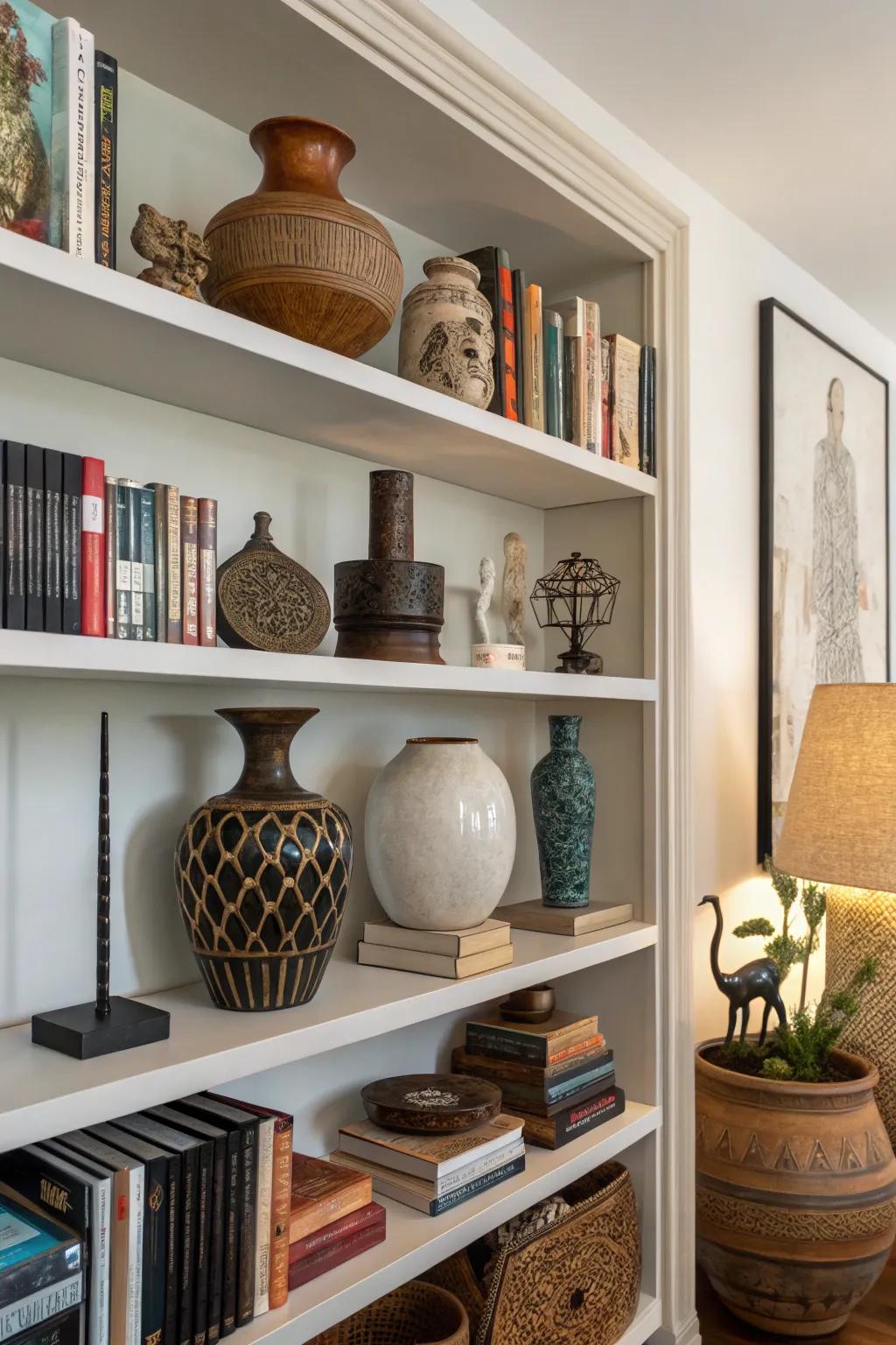 Bookshelf showcasing ornamental items.