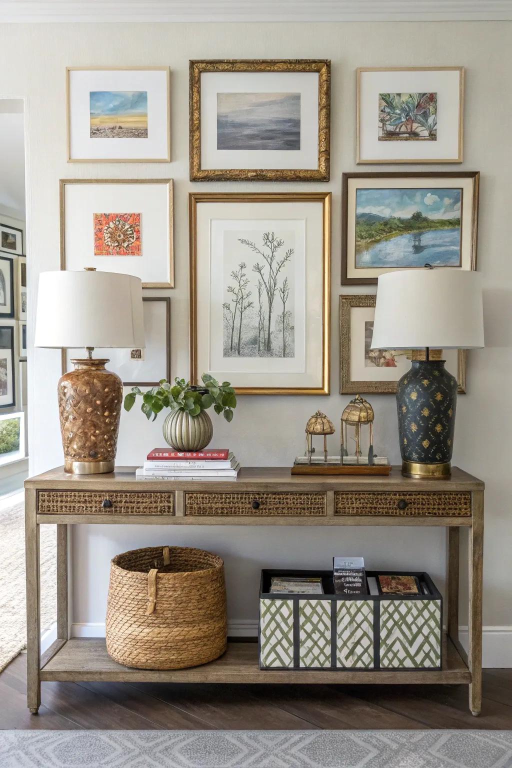 An assortment of framed artwork generates a personalized gallery impression.