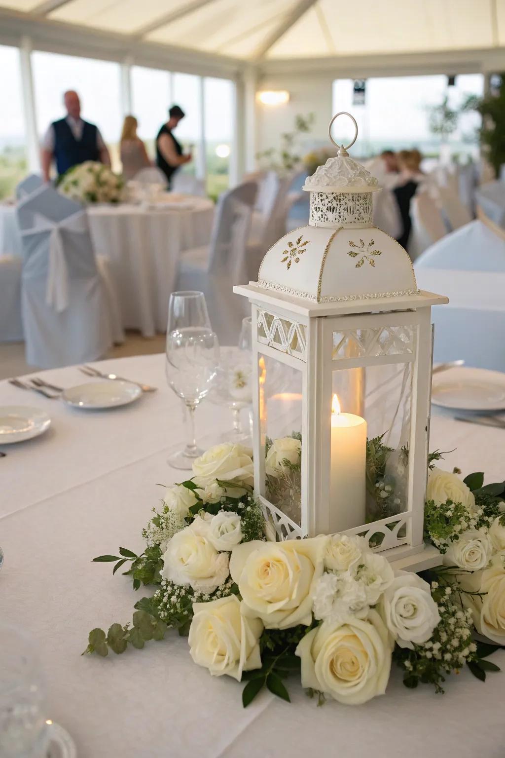 An elegant nuptial centerpiece showcasing white roses and a metallic <strong><em>light</em></strong>.” loading=”lazy” class=”pimg”>
	</picture><figcaption>An elegant nuptial centerpiece showcasing white roses and a metallic <strong><em>light</em></strong>.</figcaption></figure>
<p>Fashion an exquisite wedding centerpiece through the usage of white roses and baby’s breath contained within a sophisticated, metallic <strong><em>light</em></strong>. This configuration radiates ageless elegance.</p>
<h3>A few choices to try:</h3>
<ul class=