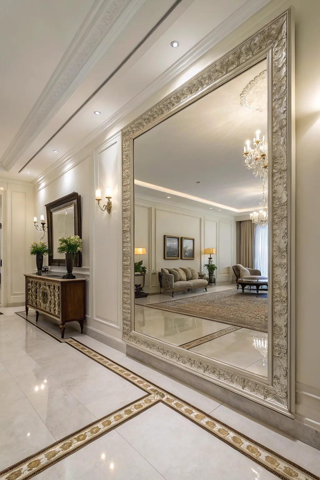 Mirrors introduce dimension and illumination, elevating the room's overall atmosphere.