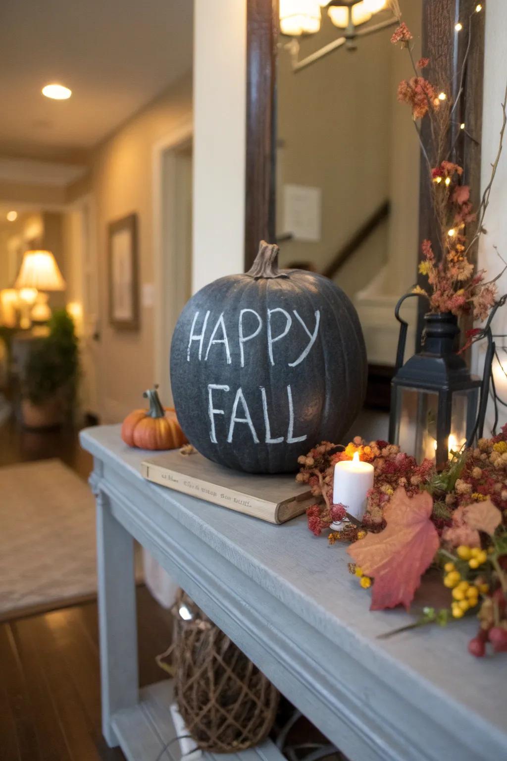 A chalkboard pumpkin offers a canvas for adding personalized messages.