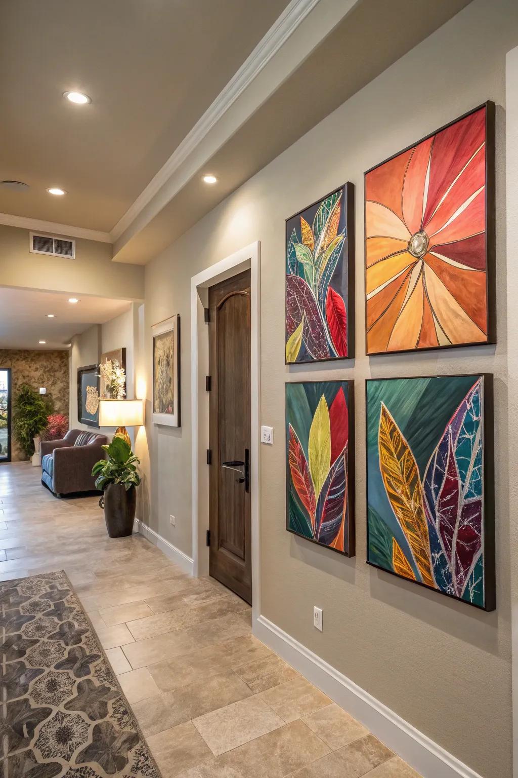 Bold artwork adds personality and becomes a focal point in the entryway.