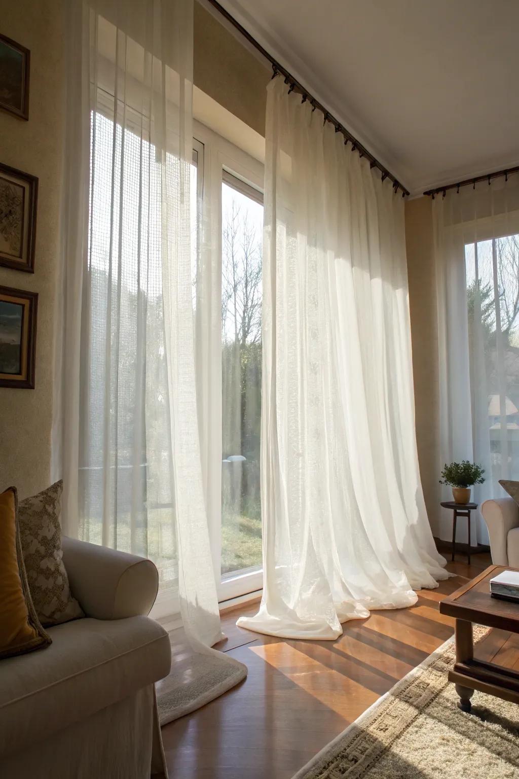 See-through curtains let in sunlight, making for a breezy setting.