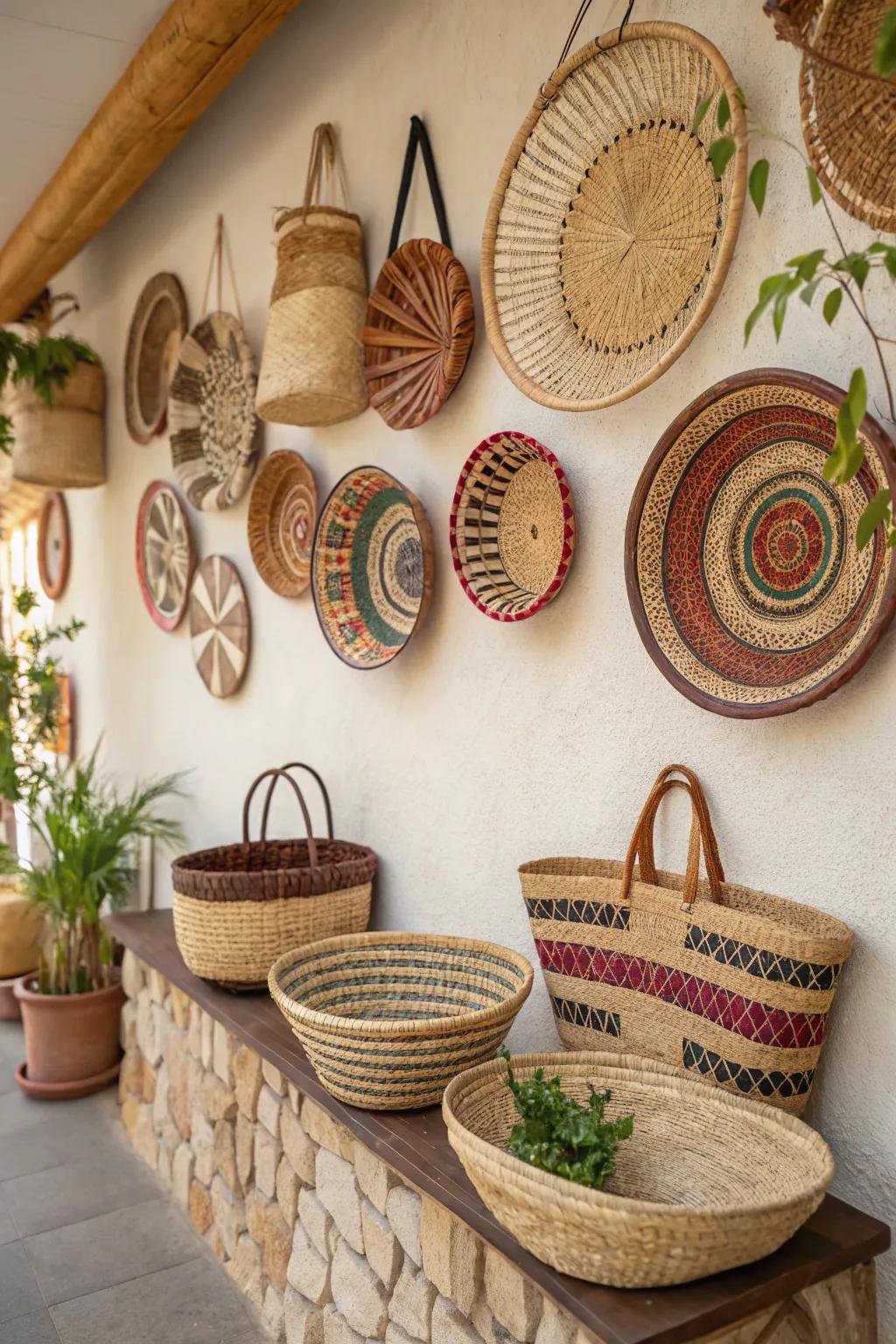 Baskets as wall-mounted decor add texture and intrigue.
