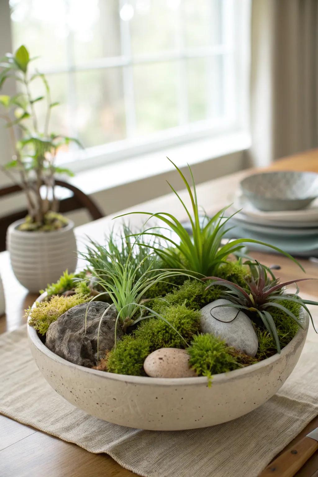 A ceramic bowl containing <strong>air plants</strong>, serving as an enchanting centerpiece.” loading=”lazy” class=”pimg”>
	</picture><figcaption>A ceramic bowl containing <strong>air plants</strong>, serving as an enchanting centerpiece.</figcaption></figure>
<p>Employ a ceramic bowl as a focal point by populating it with <strong>air plants</strong> and verdant moss. This grouping lends an appealing, down-to-earth aspect to any tabletop.</p>
<h3>You might like:</h3>
<ul class=