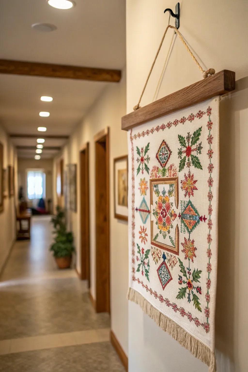 Hanging battens transform your cross stitch into tapestry-style art