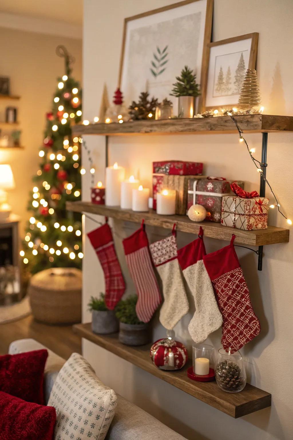 Floating shelves can be transformed into a festive stocking showcase.