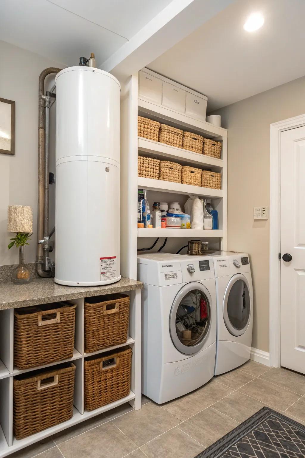 Shelving units can mask your water heater while enhancing storage.