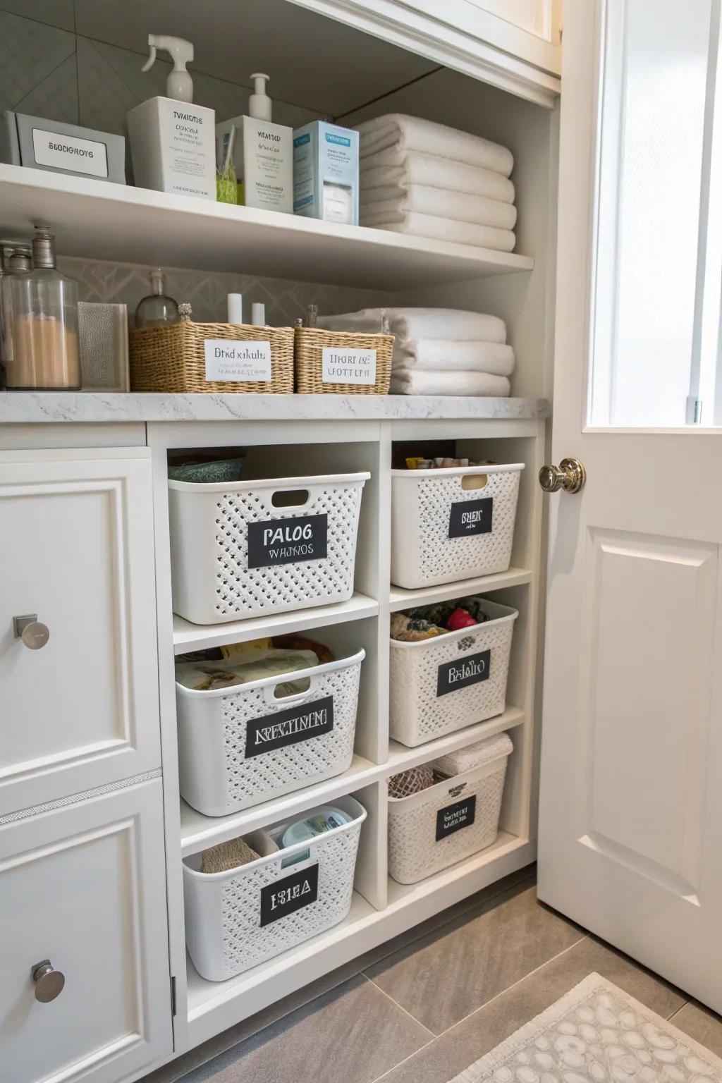 Labeled bins and compartments inside a bathroom cabinet for easy identification of contents.
