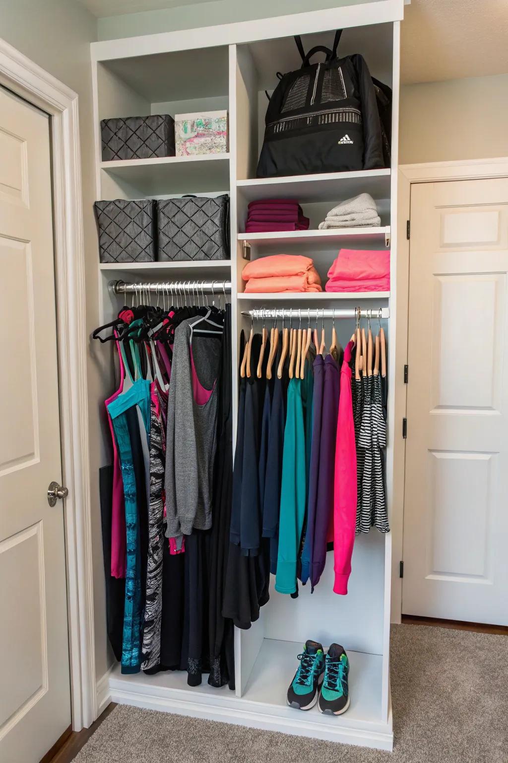 Vertical storage techniques for maximizing closet space.