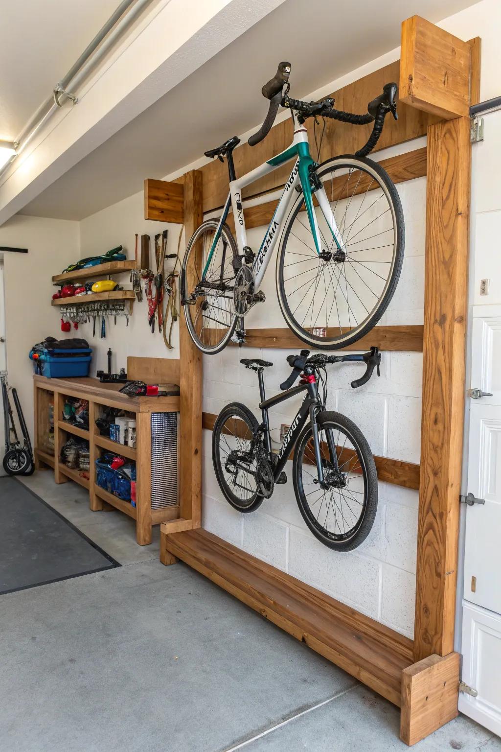 Inventive DIY wooden bike racks for individualized storage.