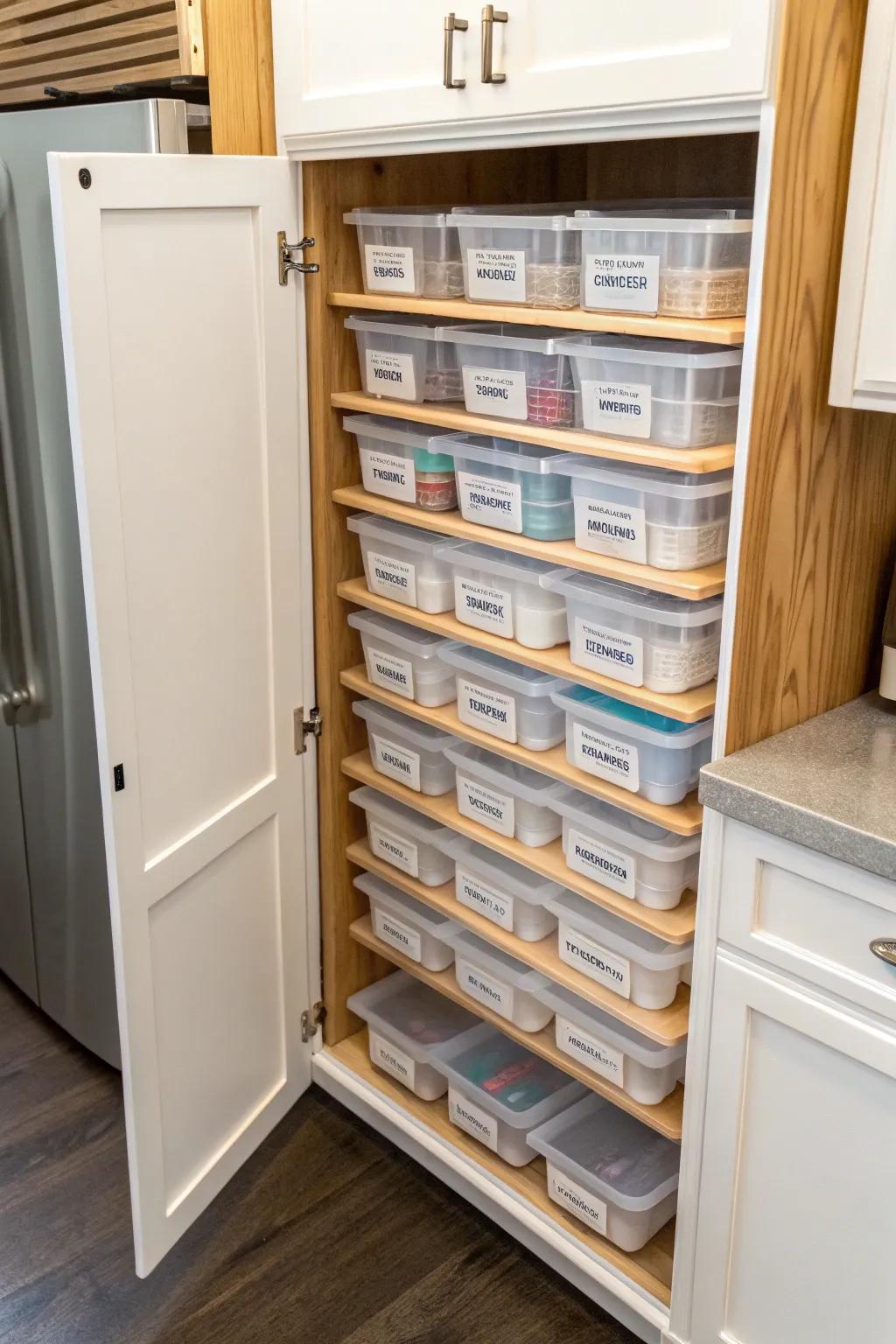 Cabinet featuring plastic lids stored vertically for maximum space utilization.
