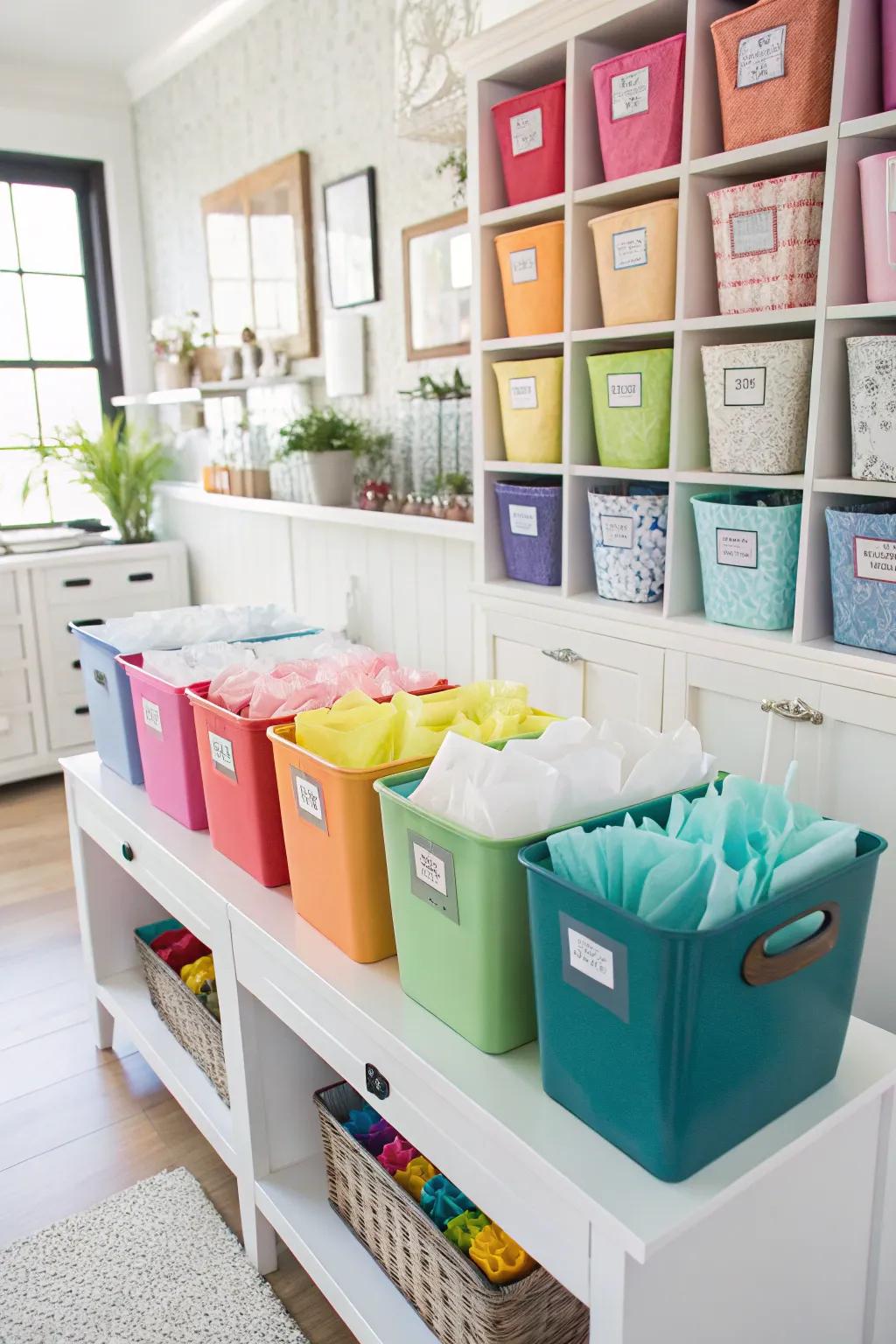 Bins sorted by hue simplify storing tissue paper.