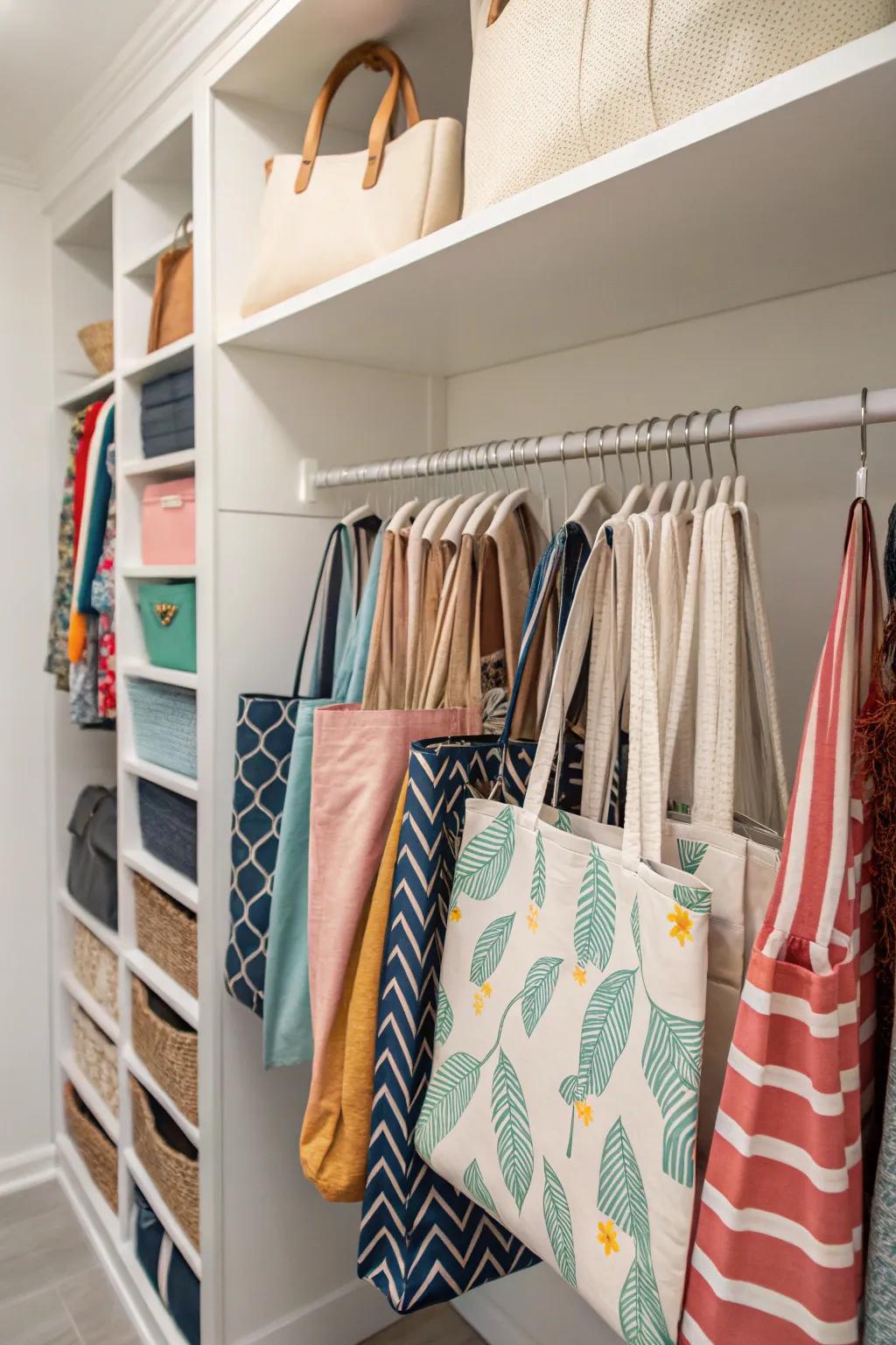 Your carryalls are kept tidy and out of sight thanks to wardrobe rods.